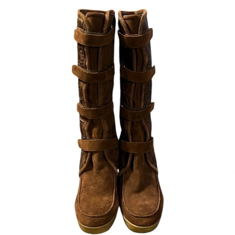 Enzo Angliolini Brown Quilted Suede Wedge Boots Size 10